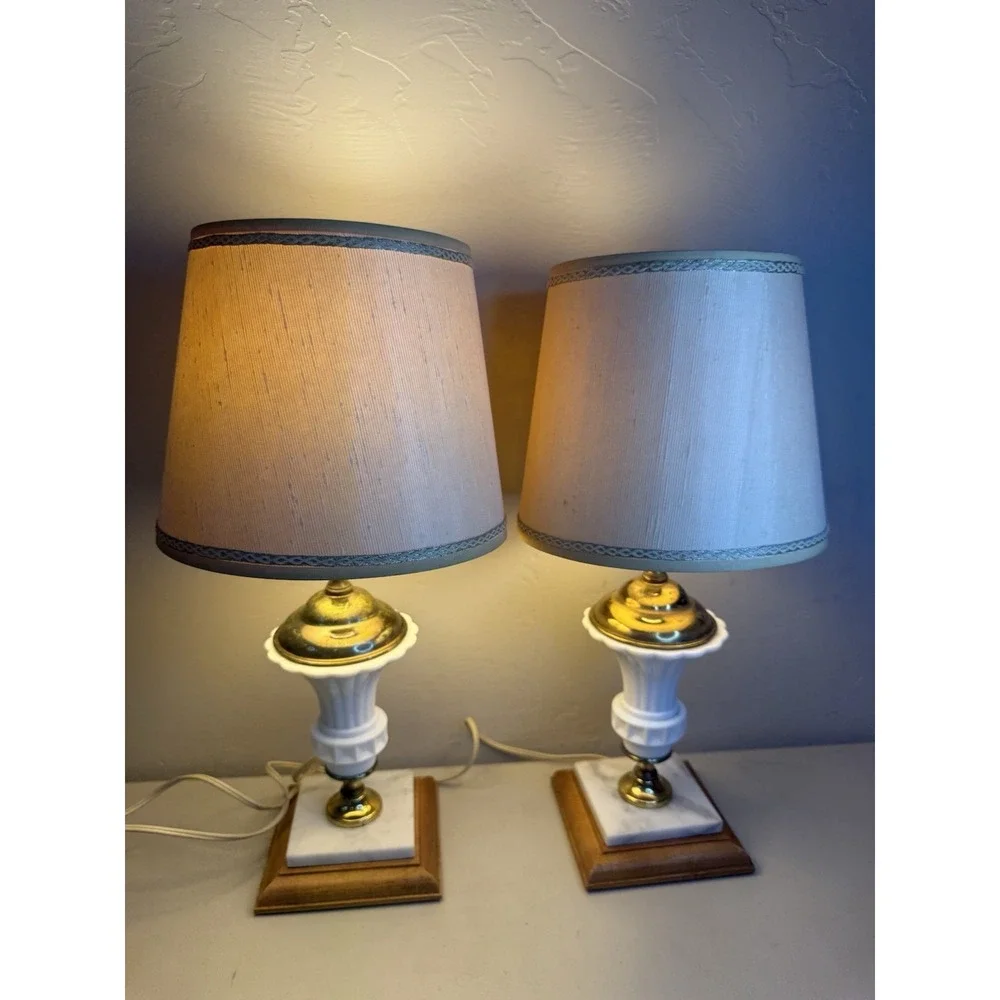 Vintage Milk Glass Brass Urn Table Lamps Marble Wood Base Mid Century Set